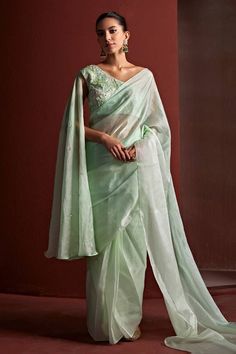 Mint green pre-draped organza saree in an ombre shaded base. Comes with padded pitta embroidered attached dupatta blouse and petticoat. - Aza Fashions Elegant Pre-draped Pista Green Saree With Sheer Dupatta, Pista Green Organza Pre-draped Saree, Elegant Organza Blouse Piece In Pista Green, Elegant Pista Green Organza Blouse Piece, Festive Pista Green Organza Pre-draped Saree, Festive Pista Green Pre-draped Organza Saree, Georgette Saree With Sheer Dupatta, Green Chanderi Pre-draped Saree For Reception, Green Organza Pre-draped Saree With Cutdana