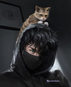 a cat sitting on top of a man's head wearing a black hoodie