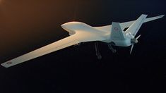 a white airplane flying through the air on a dark background with sun shining behind it