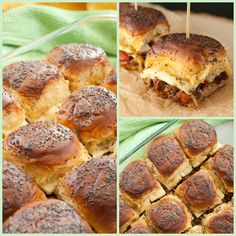 there are several pictures of different pastries on the table, including one with meat and cheese