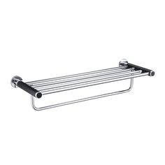 a chrome towel rack with two black handles