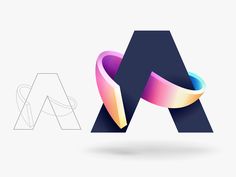 the letter logo is made up of two overlapping shapes, one with a pink and blue ribbon