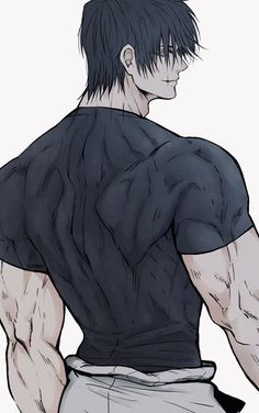 an anime character with his back turned to the camera, wearing shorts and a black t - shirt