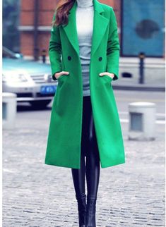 Lapel Plain Pocket Long Line Woolen Coat, Green / M Outfit Essentials, Long Winter Coats, Green Coat, Woolen Coat, Street Chic, Outerwear Coats, Coat Fashion, Work Fashion, Long Coat