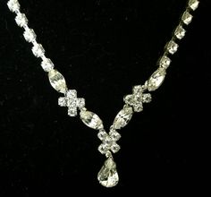 Vintage 1940's Teardrop/Pear Shaped Crystal by VintageVelvetBox, $46.00 Vintage Silver Drop Jewelry, Vintage Drop Necklaces For Wedding, Silver Drop Necklace With Jewels, Silver Teardrop Necklace With Rhinestones, Pressure Makes Diamonds, Crystal Necklaces, Crystal Drop, Drop Necklace, Pear Shaped