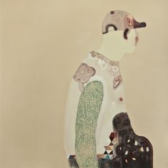 a painting of a person and a dog in front of a beige background with black dots