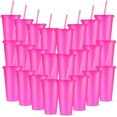 a bunch of pink cups with straws in them are lined up and ready to be eaten