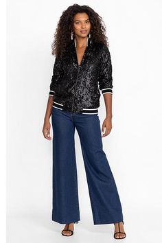 Offering a fresh take on a classic jacket silhouette, the Harmony Sequin Bomber is feminine and fun. Featuring a standing collar with a zip-front closure, this sparkling sequined jacket is finished with pockets along the side seams. Pair with leather pants and the Etta Silk Cami for a modern evening look. Johnny Was Women's Kelsey Sequin Bomber Jacket in Black Sequin, Size XL, Silk/Leather Chic Party Outerwear With Zipper Closure, Jacket Silhouette, Dresses Boho, Women's Outfits, Silk Cami, Sequin Jacket, Standing Collar, Classic Jacket, Embroidered Jeans