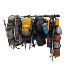 hiking and camping gear storage Wall Storage System, Gear Closet, Garage Wall Storage, Camping Rucksack, Camping Gear Survival, Bike Wall Mount, Wall Storage Systems, Camp Gear, Overland Truck