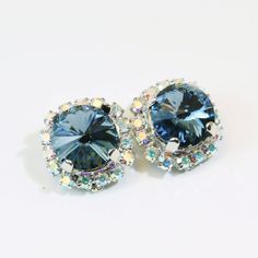 Navy Blue Clip on earrings Denim Blue AB Swarovski by TIMATIBO Cheap Blue Clip-on Earrings For Gift, Blue Clip-on Earrings For Wedding, Elegant Blue Clip-on Earrings For Weddings, Blue Clip-on Earrings For Gift, Blue Party Clip-on Earrings, Nickel Free Blue Crystal Earrings, Blue Crystal Earrings With Sparkling Stones, Blue Sparkling Crystal Earrings, Sparkling Blue Crystal Earrings