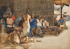 a painting of people standing around in front of a building with lots of items on the ground