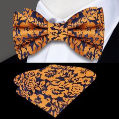 Elevate Your Style with Our Exquisite Floral Silk Bow Tie Are you ready to add a touch of elegance and sophistication to your wardrobe? Look no further than our Exquisite Floral Silk Bow Tie. Crafted from luxurious silk and featuring a detailed floral pattern in shades of orange and dark blue, this bow tie is the perfect accessory to elevate your look for any occasion. Whether you're attending a wedding, a business meeting, or a formal event, our versatile bow tie is sure to make a statement and Elegant Multicolor Evening Sets, Elegant Multicolor Party Sets, Elegant Multicolor Floral Print Sets, Elegant Floral Print Accessories For Black Tie, Elegant Multicolor Formal Sets, Elegant Yellow Bow Tie For Black Tie Events, Elegant Multicolor Sets For Gifts, Elegant Multicolor Sets For Gift, Elegant Floral Print Evening Sets