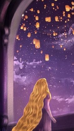 a painting of a woman looking out at the sky with lanterns floating in the air