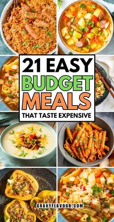 the cover of 21 easy budget meals that taste expensive, including meats and vegetables