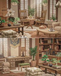 two pictures of a living room with furniture and plants