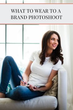 a woman sitting on top of a couch next to a window with the words how to write a great about me page