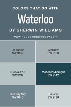 Colors that Go With Waterloo SW 9141 by Sherwin Williams Stardew By Sherwin Williams, Sw Whirlpool, Sherwin Williams Downy, Blustery Sky Sherwin Williams, Sherwin Williams Niebla Azul, Sw Debonair, Debonair Sherwin Williams, Sherwin Williams Waterloo, Moscow Midnight