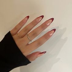 Wine Red Tip Nails, Red Wine Nails Acrylic With Design, Wine Red French Tip Nails Almond, Red Wine Nails French Tip, Cherry Red Tip Nails, Almond Nails Wine Red, Formal Nails For Red Dress, Wine Nails French Tip, Red Prom Dress Nails Ideas