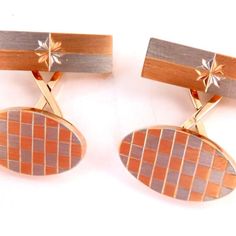 Checkerboard Gold Cufflinks 18 X 10mm Diameter Oval & 21 X 6.50mm Rectangle 14kt Yellow Gold 8.5 Grams Modern Brown Jewelry For Business, Oval Polished Cufflinks For Business, Formal Orange Rectangular Jewelry, Oval Cufflinks For Business, Gold Cufflinks, Chess, Cufflinks, Mens Accessories, Yellow Gold