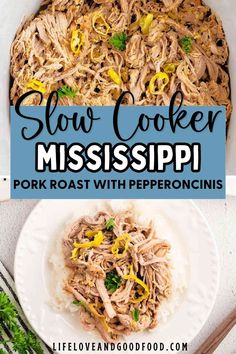 slow cooker mississippi pork roast with pepperoni and parsley on the side in a white bowl