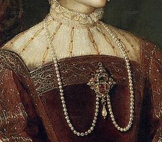 1548 Empress Isabel by Titian (Prado) bodice, partlet and necklace. Art Costume, Clothing Details, Historical Dresses, Fantasy Fashion, Historical Clothing, Historical Fashion, Fashion History, Pendant Jewelry