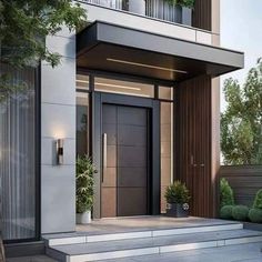 an entrance to a modern home with steps leading up to the front door and potted plants on either side