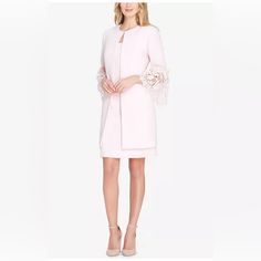 Nwt- Lace Falls Beautifully From The Bell Sleeves On This Elegant Dress Suit From Tahari Asl, Complete With A Topper Jacket And Sleeveless Sheath Dress. Approx. Model Measurements: Height: 5'10"; Bust: 31-1/2"; Waist: 24"; Hips: 35" Model Is Wearing Size 4 Jacket: Collarless, Front Hook-And-Eye Closure, Bell Sleeves With Lace Trim; Approx. 36-3/4" Long Dress: Back Zipper With Hook-And-Eye Closure, Vent At Back Hem; Approx. 35" Long Both Pieces Are Lined Shell, Lining, Lace: Polyester Spring Knee-length Mini Dress With Sleeves, Spring Wedding Dress With Pleated Sleeves, Elegant Pink Shift Midi Dress, Elegant Mini Dress With 3/4 Sleeves For Daywear, Elegant Shift Midi Dress For Brunch, Formal Spring Mini Dress With 3/4 Sleeves, Elegant Shift Dress For Brunch, Elegant Shift Dress With 3/4 Sleeves, Sheath Dresses With Pleated Sleeves For Spring