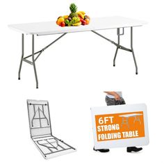 there is a white table with fruit on it