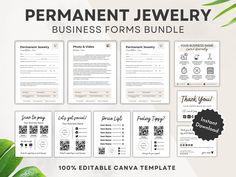 the permanent jewelry business forms bundle is displayed on a white background with green leaves