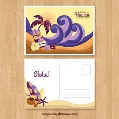 a postcard with a cartoon character on the front and back of it in purple