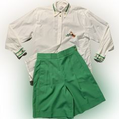 Vintage Mondi Nautical High Waisted Shorts & Button Down Set In Kelly Green Shorts Are In Excellent Unused Condition Top Is In Very Good Preowned Condition Super Super Faint Yellowing At The Collar Fold And A Barely Visible Spot On The Back. The Top Has Been Soaked. Please Review Photos For Flaws Shorts: 20.5” Long 8” Inseam 14” Rise 30/30.5” Around Waistband 18.5/19” Across Hips Top: 27” Long 22” Pit To Pit 21” Across Waist 22” Sleeve Selling As A Set Only Casual Daywear Shorts With Buttons, Short Daywear Bottoms With Buttons, Short Bottoms With Buttons For Daywear, Spring Button-up Shorts For Daywear, Spring Green Shorts With Buttons, Fitted White Shorts With Buttons, Spring Green Buttoned Shorts, White Fitted Buttoned Shorts, White Button-up Shorts For Day Out