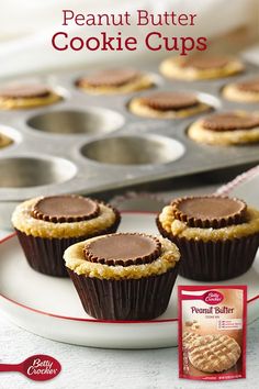 an advertisement for peanut butter cookie cups on a plate with cookies in front of it