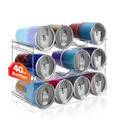 several cans are stacked on top of each other in the same rack, and one has a 40 % sale sign