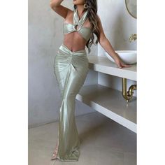 Goddess V-shaped Skirt Set - Sb_stassieboutique Two Piece Sets Outfits, Skirt Matching Set, Bodycon Maxi Skirt, Brunette Models, Satin Set, Backless Crop Top, Blonde Model, Y2k Clothes, Crop Top Skirt