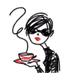 a drawing of a woman holding a coffee cup and saucer in her right hand