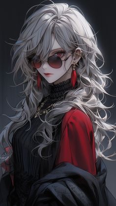 an anime character with long white hair and red glasses