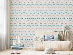 Ever Children's Playroom With Blue Boats, Octopus and Whales Stylish Wallpaper, Dining Room Wallpaper, Turquoise And Pink, Gender Neutral Colors, Cottage Renovation, Wallpaper Peel, Stripes Wallpaper, Boys Wallpaper, Wallpaper Removable