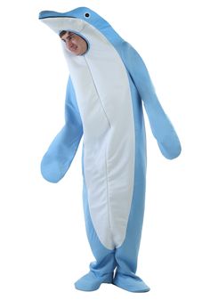 a man in a blue and white shark costume