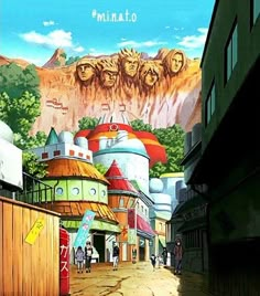 an anime scene with people walking down the street in front of some buildings and mountains