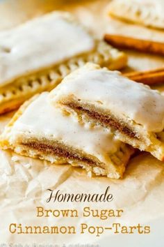 homemade brown sugar cinnamon pop - tarts are stacked on top of each other with the words, homemade brown sugar cinnamon pop - tarts