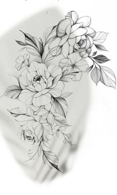 a black and white drawing of some flowers