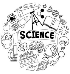 the word science surrounded by doodles and other items in black and white, on a white background