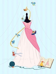 an illustration of a dress on display in front of a ball gown with birds flying around it