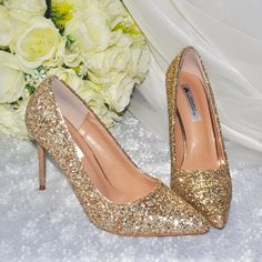 Stunning Princess Gold Sparkling Glitter Wedding Shoes, Handmade Bridal Shoes Design Details: * Handmade Satin Bridal Pump with cushioned insoles. * Heel Height 9.5cm. * Colour: Gold * Pointed Toe Court Shoes * Stiletto Heel  * Made with highest quality Biodegradable Glitter. Made with love for your special occasion by Becci Boo's Custom Shoes / Becci's Bridal Designs - For more designs, accessories and gifts visit the rest of my shop - https://www.etsy.com/uk/shop/BeccisBridalDesigns Included w Gold Bridal Shoes, Glitter Wedding Shoes, Gold Wedding Shoes, Gold Glitter Wedding, Beautiful Wedding Shoes, Glitter Stilettos, Bridal Pumps, Bridal Design, Engagement Party Gifts