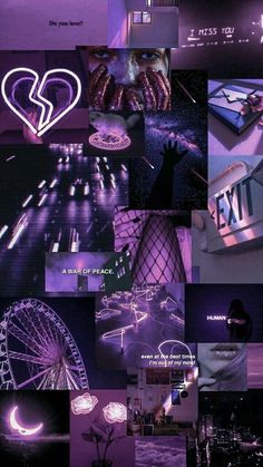 the collage shows many different types of neon lights and shapes in purple, black and white