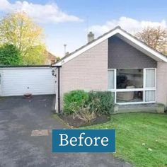 before and after photos of a house with grass in the front yard, garage door is open