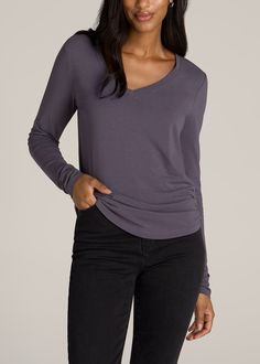 American-Tall-Women-Long-sleeve-scoop-v-neck-tee-charcoal-front Versatile V-neck Tops For Layering, Versatile V-neck Loungewear Top, Gray V-neck Loungewear Top, Gray V-neck Top For Loungewear, Versatile V-neck T-shirt For Fall, Solid V-neck Top For Layering, Casual Stretch V-neck Top For Layering, Everyday V-neck Top In Specific Color, Jeans For Tall Women