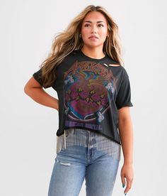 Affliction Phoenix Cropped T-Shirt - Black Small, Women's Vintageblackpigmentdye Rhinestone graphic washed t-shirt Cuffed sleeves Raw edge and shot bead mesh trim details Bust measures 40 on size small Body length 18 on size small. 100% Cotton. Machine wash cold with like colors. Do not bleach. Tumble dry low. Do not iron. Do not dry clean. Apparel & Accessories > Clothing > Shirts & Tops Graphic Tee With Frayed Hem And Short Sleeve, Ripped Short Sleeve Graphic Tee, Ripped Graphic Tee With Short Sleeves, Rebellious Short Sleeve Streetwear Tops, Rebellious Short Sleeve Tops For Streetwear, Spring Festival Distressed T-shirt, Washed Black Punk Tops With Graphic Print, Punk Washed Black Tops With Graphic Print, Acid Wash Short Sleeve Tops With Frayed Hem