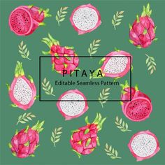 a watercolor painting of dragon fruit on a green background with the words pitaya