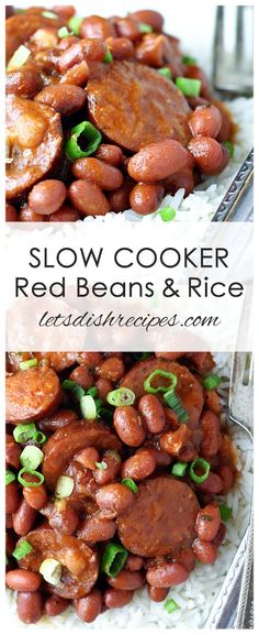 slow cooker red beans and rice on a white plate with the words slow cooker red beans and rice